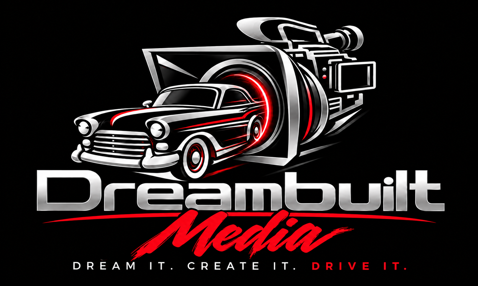 Dreambuilt Media logo with a video camera and classic car emerging through a red portal